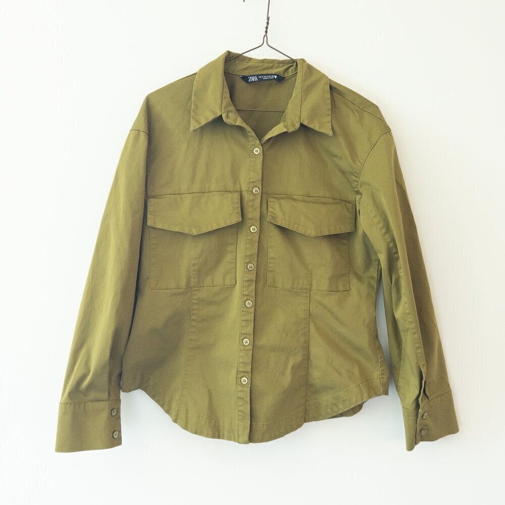 Zara Double Pocket Long Sleeve Button Up (Thick Material), Olive Green, Size M - Picture 5 of 7